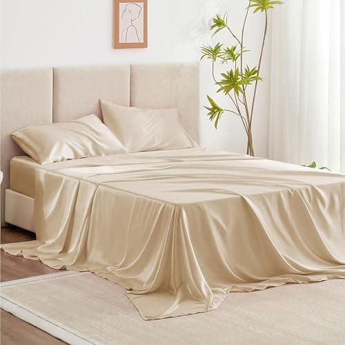 Love's cabin Full Size Satin Sheet Sets - 4 Piece Beige Silky Sheet Set with Deep Pocket, Luxury Silk Feel Satin Sheets Full Bedding Set (1 Flat Sheet,1 Fitted Sheet,2 Pillow Cases) - Image 1