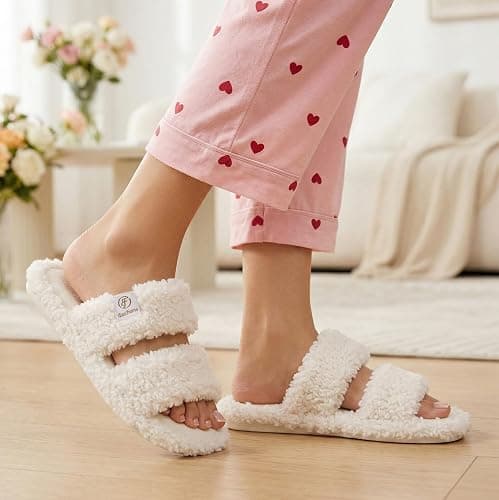 EverFoams Women's Fuzzy Open Toe Slippers Comfy Soft Memory Foam Indoor House Shoes thumbnail 2