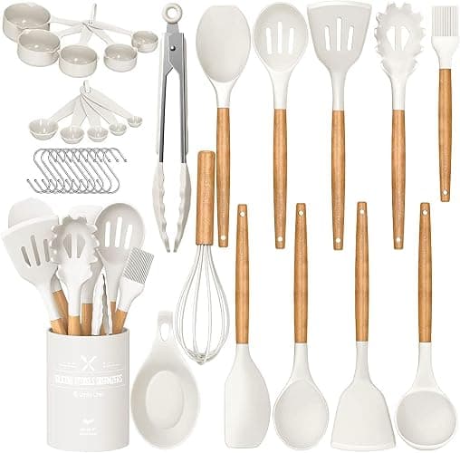 Umite Chef Kitchen Cooking Utensils Set, 33 pcs Non-stick Silicone Cooking Kitchen Utensils Spatula Set with Holder, Wooden Handle Silicone Kitchen Gadgets Utensil Set (Cream White) - Image 1