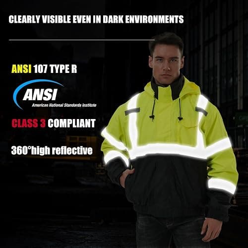 SKSAFETY 3-in-1 High Visibility Winter Bomber Jackets Zip Out Fleece Liner Reflective Safety Coats for men Waterproof ANSI/ISEA Class 3(Lime M) thumbnail 5