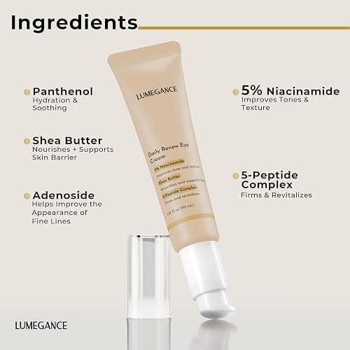 LUMEGANCE Daily Renew Eye Cream, 5% Niacinamide Under Eye Brightener Cream with 5-Peptide Complex & Shea Butter, Firming, Dark Circle, Hydrating, Smooth Fine Lines, Korean Skin Care 30ml thumbnail 4