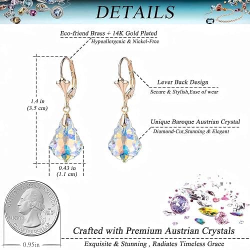 Austrian Crystal Baroque Drop Leverback Earrings for Women Fashion 14K Gold Plated Hypoallergenic Jewelry thumbnail 4