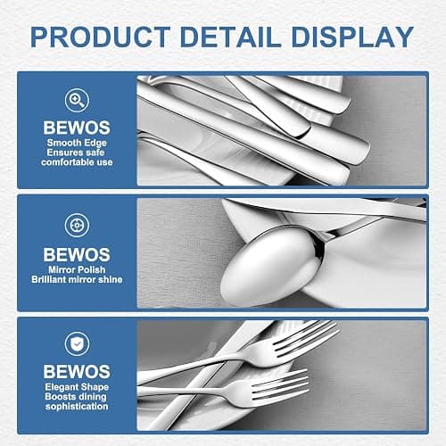 BEWOS 20 Piece Silverware Set - Stainless Steel Silverware Sets for 4 Include Spoon, Forks, Knives, Mirror Polished Flatware Set for Home, Kitchen, Restaurant, Dishwasher Safe thumbnail 3