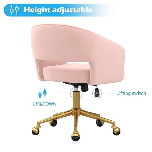 Home Office Chair Swivel Velvet Desk Chair Accent Armchair Upholstered Modern Tufted Chairs with Gold Base for Girls Women Ergonomic Study Seat Computer Task Stools for Living Room(Pink) thumbnail 4