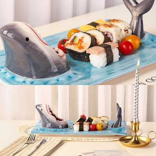 Light Blue Ceramic Shark Plate, Shark Sushi Plates, Funny Handmade Kitchen Salad Plates with Dipping Sauce Bowl, Microwave/Oven/Dishwasher Safe Plates, Holiday Birthday Gifts for Shark Party Lovers thumbnail 5