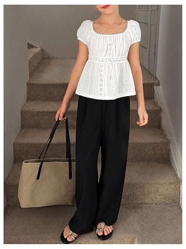 SOLY HUX Girl's Summer Cute Tops Peplum Babydoll Top Eyelet Blouses | Square Neck, Lace, Short Sleeve T-Shirts for Girls thumbnail 5