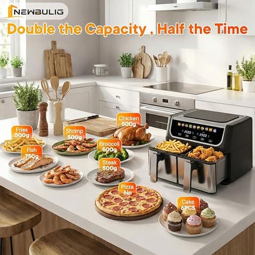 NEWBULIG Dual Air Fryer with 2 Baskets 9.5 QT, 10 in 1 Large Air Fryers with Ceramic Crisper Plate, Match Cook, Sync Finish, Shake Reminder, 80-450°F Wide Temp, Roast, Defrost, Dehydrate, Bake, Black thumbnail 10