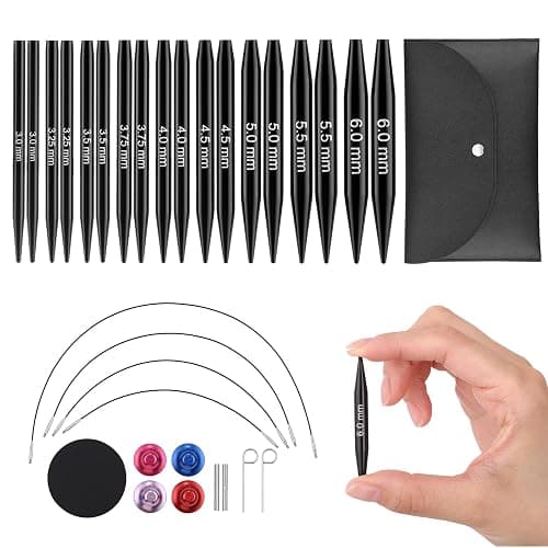 Guclud Interchangeable Circular Knitting Needle Set, 2-Inch Shorties Knitting Needles for Short Sock Knitting, Sizes US 2.5, 3, 4, 5, 6, 7, 8, 9, 10 with Small Cables, Accessories and Case, 9-Pairs - Image 1
