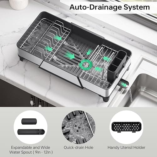 Urackify Large Dish Drying Rack - Triple Expandable Dish Rack for Kitchen Counter, Stainless Steel Sink Organization and Storage Essentials with Utensil & Pans Holder for Home and Appartment, Black thumbnail 8