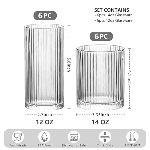INSETLAN 12Pack Piece Ribbed Glassware - 6 Highball Glasses 12 oz, 6 Rocks Glass Cups 14 oz, Vintage Cocktail Drinking Glasses, Ideal for Wine, Juice, Water, Ice Coffee Cup, Whiskey, Mixed Drinkware thumbnail 3