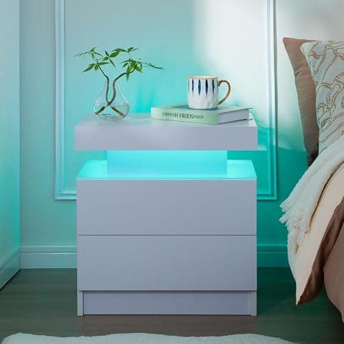 i-aplus White Nightstand set of 2,LED Nightstand with 2 Drawers,Modern Bedside Table with LED Light,End Side Table for Bedroom,White thumbnail 3