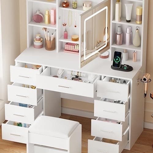 BEWISHOME Vanity Desk with Mirror and Lights, Makeup Vanity Table with Power Outlet,Stool Vanity Table with 9 Drawers 6 Storage Shelves Jewelry Storage,Dressing Table for Bedroom Girls White FST36W thumbnail 3