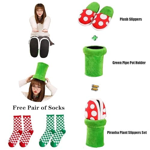 Jfxgjuv Piranha Plant Slippers, Mushroom Slippers with Pipe Pot Holder, Piranha Plants Plush Funny Loafers with Green Socks thumbnail 7