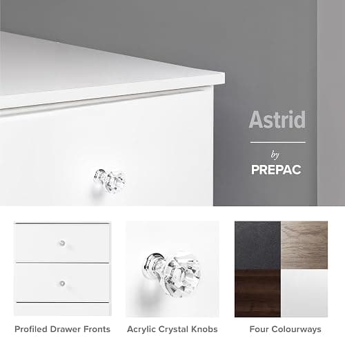 Prepac Astrid 6 Drawer Double Dresser for Bedroom with Crystal Knobs, Wide Chest of Drawers, Bedroom Furniture, Clothes Storage and Organizer, 15.5" D x 47.5" W x 26.85" H, White thumbnail 5