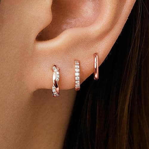 Inerney Gold Huggie Hoop Earrings Set for Women, Dainty Small Sterling Silver Earring for Multiple Piercing Hypoallergenic Jewelry, Trendy Twisted CZ Cartilage Earings for Women's Mother Gifts 3Pairs thumbnail 2