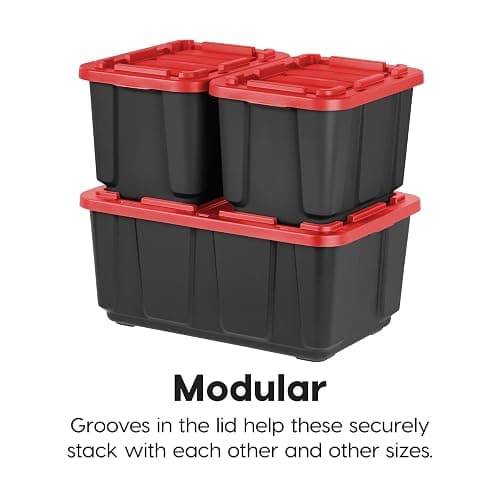 IRIS USA 27 Gallon Heavy Duty Truck Bed Toolbox Storage Tote Bins with Lids, 4 Pack - Made in USA, Tough Snap On Lockable Lid Stackable Industrial Tubs, Garage Organization Reusable Box - Red thumbnail 5
