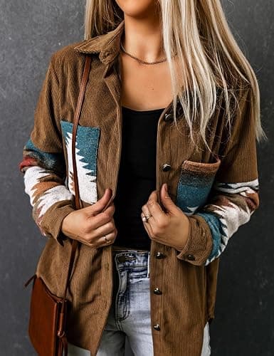 Perbai Womens Corduroy Flannel Shirt Long Sleeve Button Down Aztec Loose Shacket Jacket with Pockets thumbnail 2