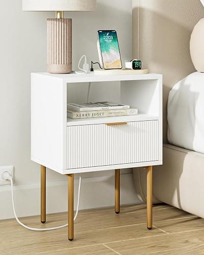 AEPOALUA Nightstand with Charging Station,Morden Bedside Table with Gold Frame,Small White Night Stand,End Table,Bedside Furniture,Side Table with Drawer and Shelf for Bedroom,Living Room - Image 1