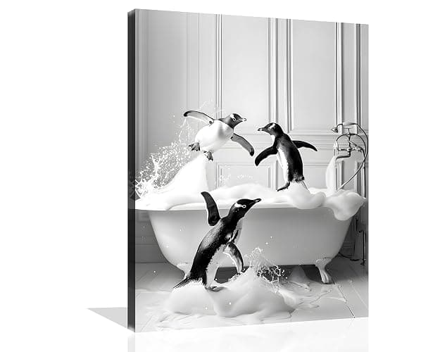 OWNANRTHM Funny Animals Bathroom Canvas Wall Art Penguin in Bathtub Wall Art Funny Animal Bathroom Painting Black and White Penguin Bathtub Pictures for Bath Restroom Wall Decor Framed 8X10 inch - Image 1