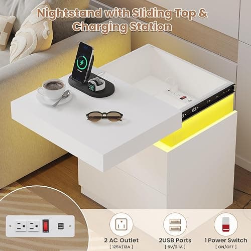 ADORNEVE White Modern Bedside Table with 2 Drawers | Nightstand with Charging Station and LED Lights,Night Stand with Sliding Top,Side Table for Bedroom thumbnail 3