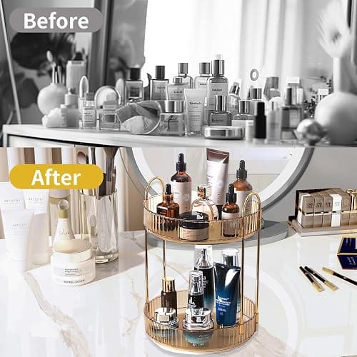 Asayuee 360 Rotating Gold Makeup Organizer,2 Tier Large Capacity Rotating Makeup Organizer,SkincarePerfume Organizer,Bathroom Cosmetics Storage Organizer Countertop (Gold-2 Tier) thumbnail 2