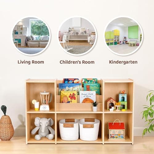 OOOK Montessori Bookshelf and Toy Storage Organizer, 2-Tier Horizontal Bookshelf, 5-Compartment Toy Storage Cabinet with Book Rack, Ideal Choice for Kids Classroom Organizer, Playroom and Daycare thumbnail 8