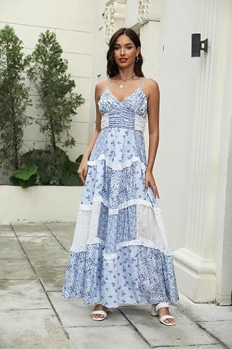 ABYOVRT Women Floral Maxi Dress Spaghetti Straps V Neck Patchwork Flowy Boho Sundress Tiered Long Dresses thumbnail 7