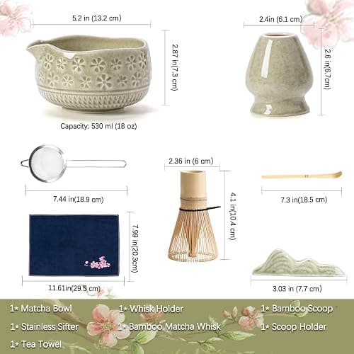 Buucup Matcha Whisk Set, Ceramic Matcha Kit Set Includes Matcha Bowl, Matcha Whisk and Holder, Bamboo Scoop, Scoop Rest, Sifter and Tea Towel - 7 Pcs Matcha Kit for Matcha Lovers (Mottled Green) thumbnail 3