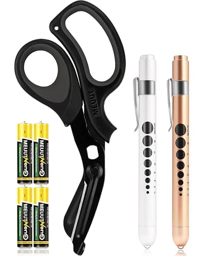 MEUUT 3 Pack Medical Scissors and Penlights for Nurses Medical Supplies with Two Medical Pen lights Four Batteries, One 8 inches Ergonomical Bandage Scissors Trauma Shears for First Aid EMT - Image 1