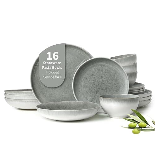 Pokini 16 Piece Double Bowl Dinnerware Sets, Stain Resistant Dish Set with Pasta Bowls, Easy Cleaning Dishes, Multi-Functional Plate and Bowl, Stack Compactly Plate Set, Service for 4 - Image 1