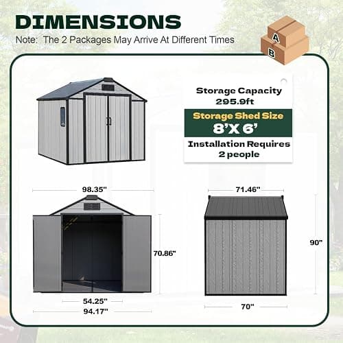 MELLCOM 8 x 6 FT Outdoor Plastic Garden Storage Shed with Floor, Resin Tool Storage Shed with Windows and Lockable Door for Patio, Pool Supply, Bike, Lawnmower thumbnail 2