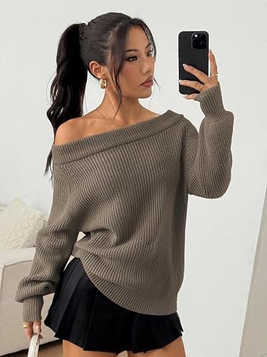 ZAFUL Sweaters for Women Off Shoulder Knit Sweater with Long Sleeve Loose Pullover Jumper Tops thumbnail 3