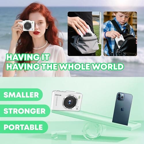 Digital Camera, Full HD 4K Digita Point and Shoot Camera Portable Compact and for 16X Zoom, Autofocus for Photography with 64GB Card, Anti-Shake, for Beginners, Boys Girls Kids, White thumbnail 5