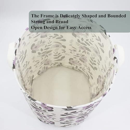 Mziart Collapsible Laundry Basket, Floral Printing Large Laundry Hamper for Baby Girls Kids Toys Clothes Organizer Foldable Storage Bin Waterproof Canvas Nursery Storage Basket with Handles (Purple) thumbnail 5
