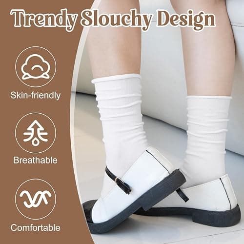 Chalier 5 Pairs Slouchy Socks for Women, Crew Cotton Socks with Cute Roll Top Casual Calf Long Sock thumbnail 5