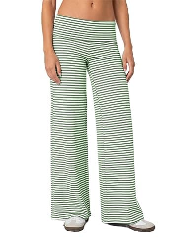 Sunloudy Women's Striped Fold Over Pants Elastic Waist Straight Leg Yoga Sweatpants Stretchy Foldover Lounge Leggings - Image 1