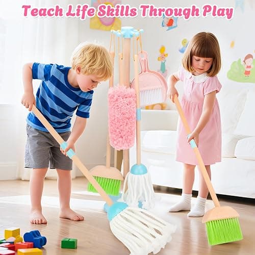 Kids Cleaning Set, Wooden Toddler Broom Set for Housekeeping, 7 Pieces Montessori Cleaning Toys with Kids Broom and Mop Set, Housework Pretend Play Toy Gift for Boys Girls Ages 3+ thumbnail 4