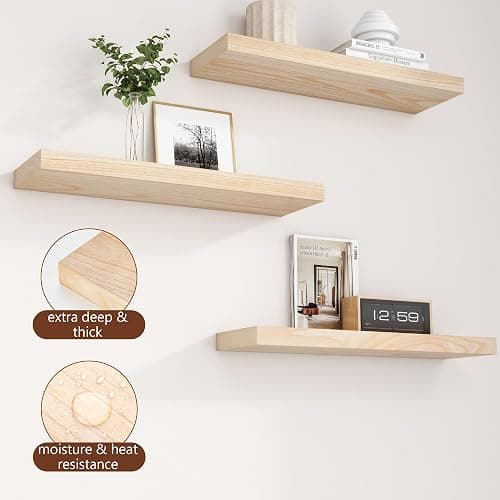 fuqing Natural Wood Floating Shelves for Wall - 24 Inch Wood Shelves Set of 2 - Natural Wooden Wall Shelves for Living Room Bedroom Home Office thumbnail 6