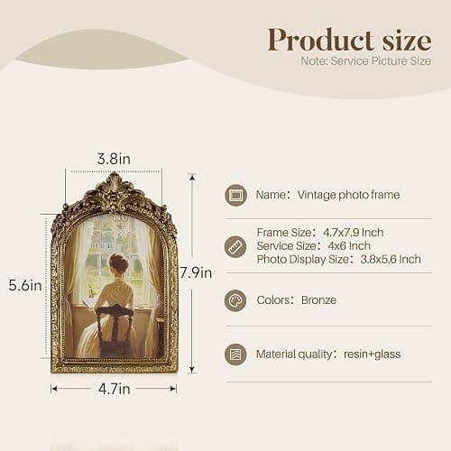 Cuspin Vintage 4x6 Picture Frame, Gold Ornate Resin Frames with Plexiglass Front for Tabletop and Wall Mounting, Antique Arched Photo Frame for Home Office Decor thumbnail 3