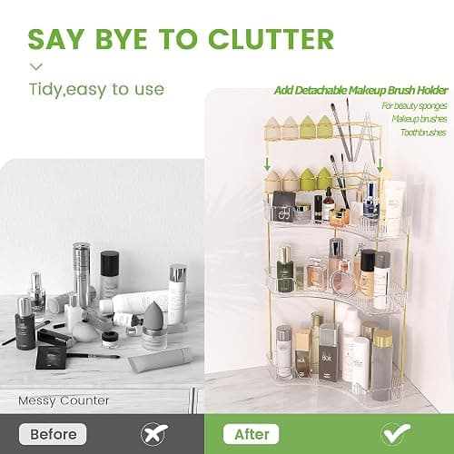 NATURE'S SOURCE Makeup Organizer for Vanity, 3-Tier Corner Bathroom Organizer Countertop with Makeup Brush Holder, Corner Counter Storage for Bathroom, Dresser, Kitchen（Clear thumbnail 3