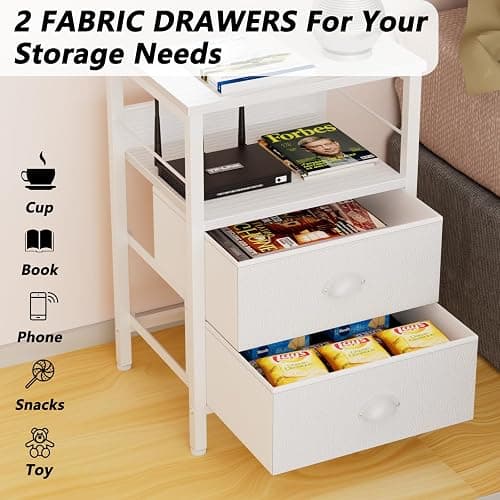 Furologee Nightstand with 2 Fabric Drawers, White Bedside Table with 2-Tier Shelf, Side Table with Hooks and Wood Top for Bedroom/Living Room/Hallway/White - White - 1pc thumbnail 5