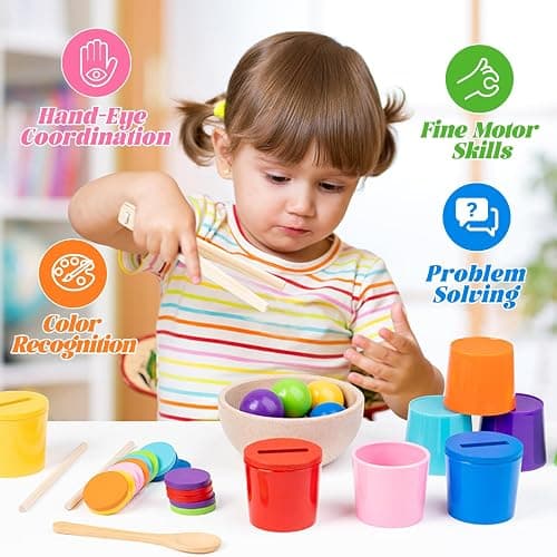 Ball in Cups Toddler Montesssori Toys for 1 Years Old, Rainbow Color Sorting Toy Coin Box Matching Game, Wooden Learning Color for Baby Toddler Age 1-3, Fine Motor Developmental Infants Sensory Toy thumbnail 3