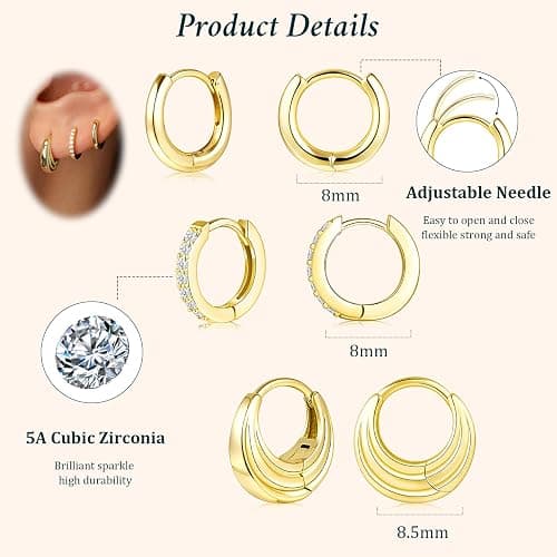 Poxtex Small Sterling Silver Huggie Hoop Earrings Set for Women, Hypoallergenic 14K Gold Plated Hoops Stacks for Multiple Piercings, Dainty Cute Mini Lightweight Cartilage Studs Trendy Jewelry Gift thumbnail 5