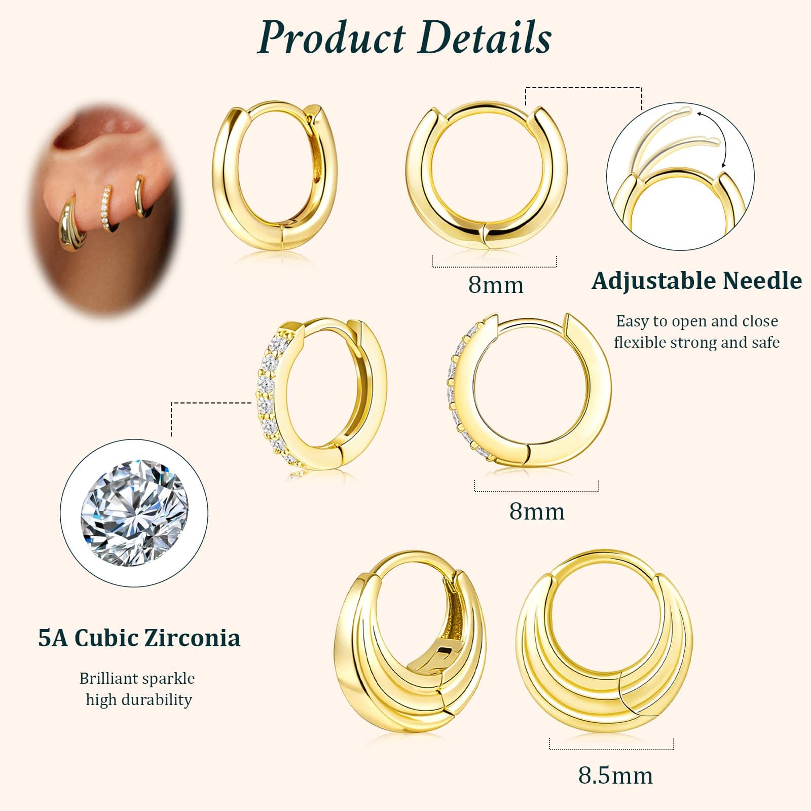 Small Sterling Silver Hoop Huggie Earrings Set for Women, Silver Stud Earrings for Multiple Piercing Hypoallergenic Trendy Jewelry, Dainty Jackets Cartilage Cubic Zircon Earrings for Women's Gifts thumbnail 5