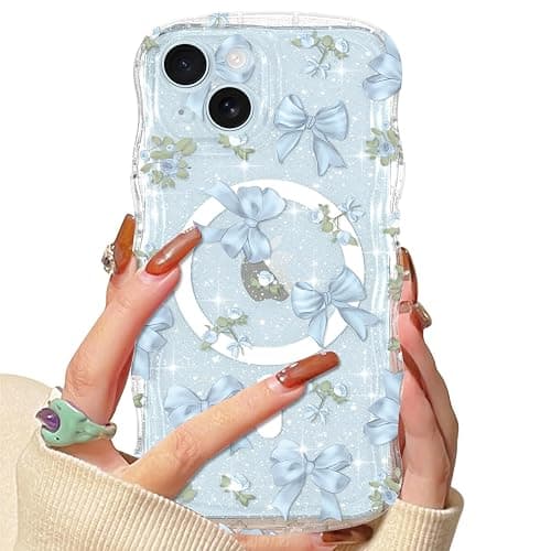 Urarssa Magnetic Case for iPhone 15, Glitter Cute Curly Wavy Frame Aesthetic Ribbon Bow Pattern Clear Case for Women Girls, Transparent Slim TPU Bumper Shockproof Protective Cover, Blue Bows thumbnail 4