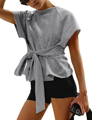 Zhiyouni Women's Summer Short Sleeves Tee T Shirt Crewneck Tie Knot Tops Sweatshirt - Image 1