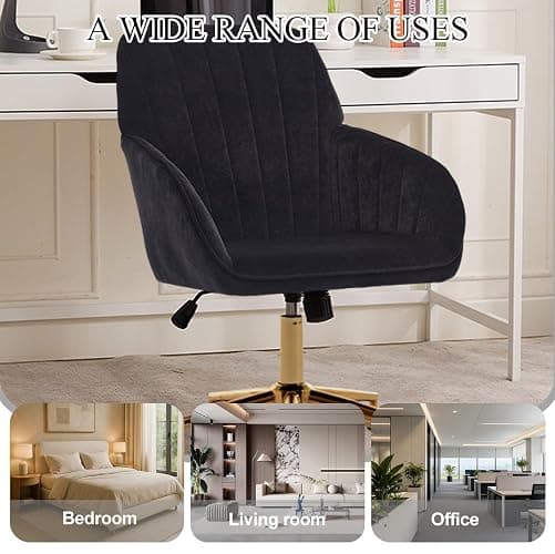 Klwenas Maec Black Velvet Vanity Chair with Arm Rest for Home Office | Upholstered Swivel Desk Chair with Wheels for Bedroom Living Room Make-up Room,Height Adjustable, Ergonomic Back,Metal Base thumbnail 7