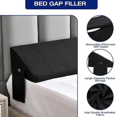 Twin Bed Wedge Pillow for Bed Gap Filler/Headboard Gap Black Long Triangle Corner Pillows with Pockets,Dense Foam,Pillow Prevents Stuff Drops,Between Twin Mattress and Frames Home Beds Accessories thumbnail 4