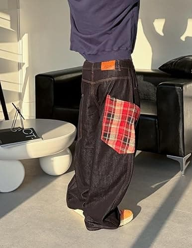 Aelfric Eden Baggy Barrel Jeans Plaid Big Pocket Wide Leg Denim Pants Unisex Casual Oversized Y2K Streetwear Hip Hop Jeans thumbnail 3