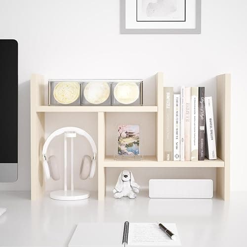 Jerry & Maggie Desktop Organizer Office Storage Rack Adjustable Wood Display Shelf Free Style Double H, Multi-Functional Mini Bookshelf for Desk Natural Stand (White Wood Tone) thumbnail 7
